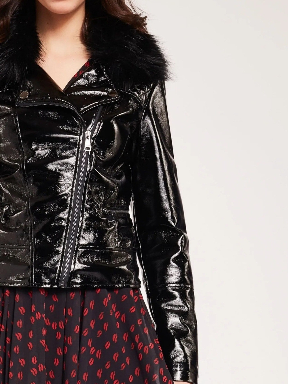 Elie Tahari Black Leather Jacket with Fur Collar